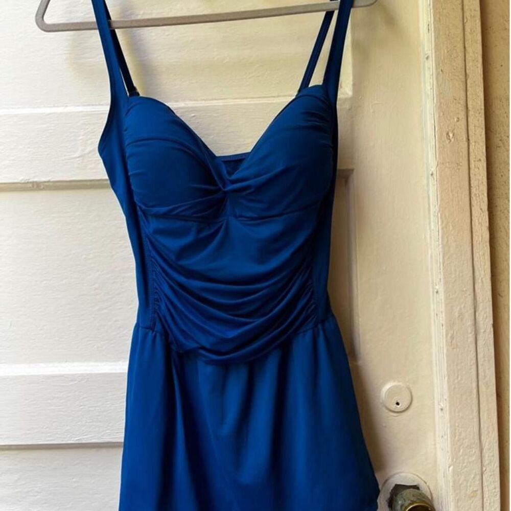 LA Blanca electric blue swimdress 14 padded strappy ruched gathered swim resort